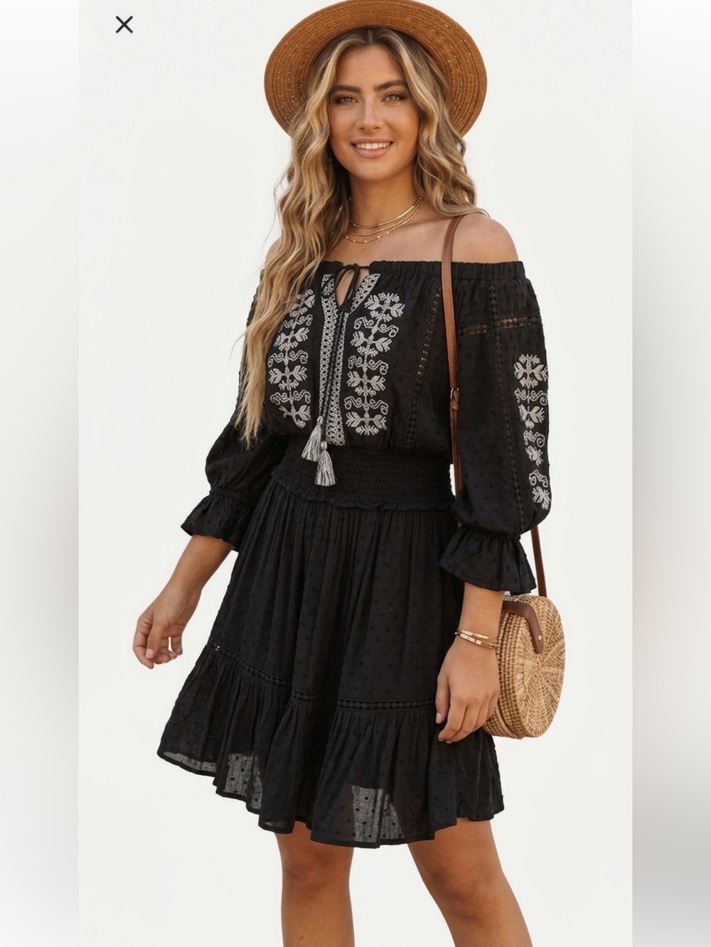 Love Stitch Veranda Embroidered Swiss Dot Off The Shoulder Dress Black Boho